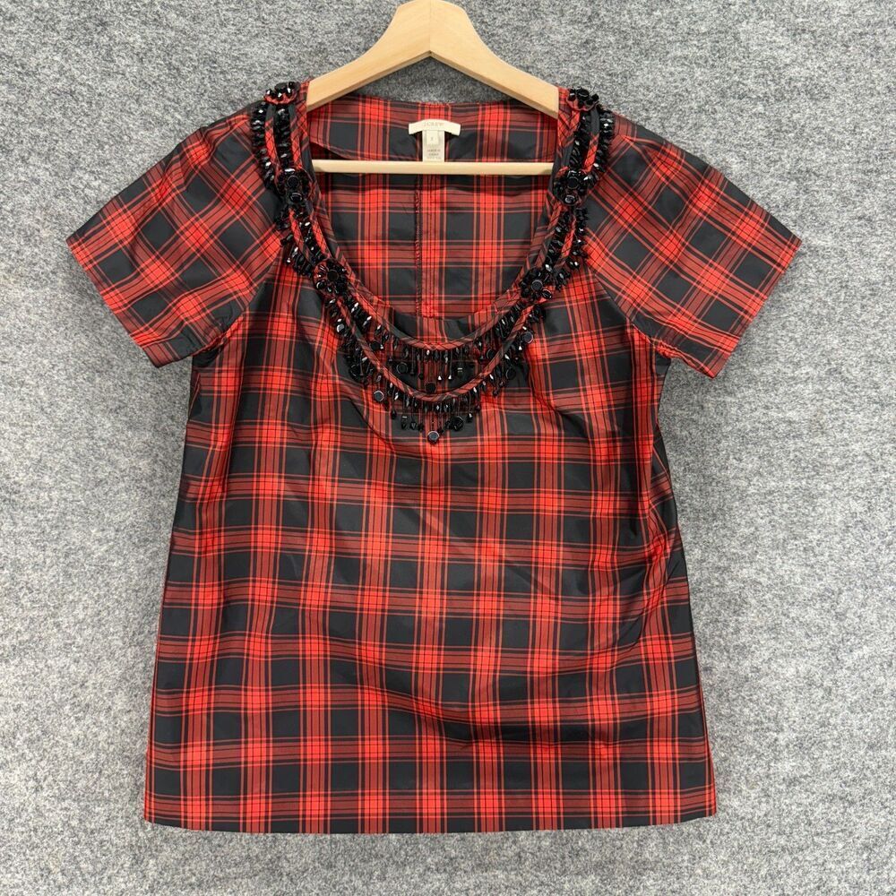 J. Crew Blouse Women 2 Red Plaid Rhinestone Short Sleeve Silk V-Neck Casual